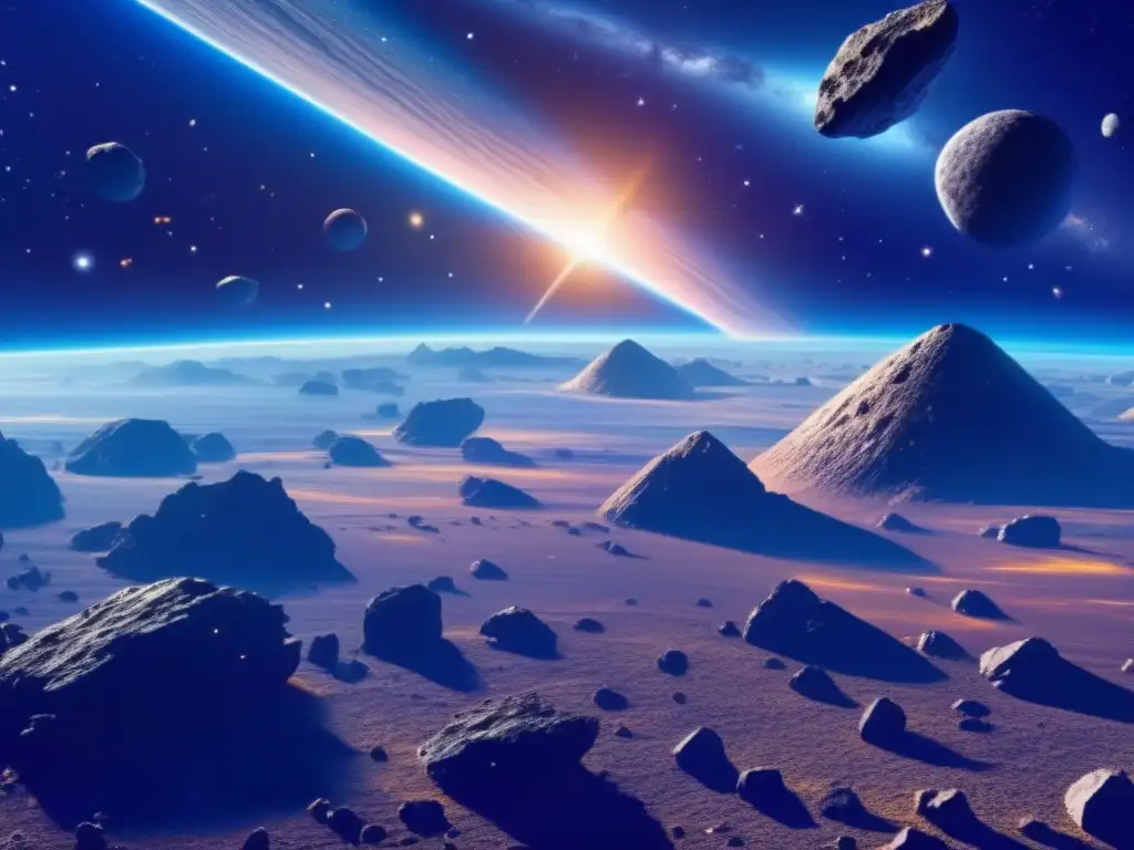 Impresionante campo de asteroides en el espacio Exploración de asteroides y recursos en un increíble campo de asteroides en el espacio