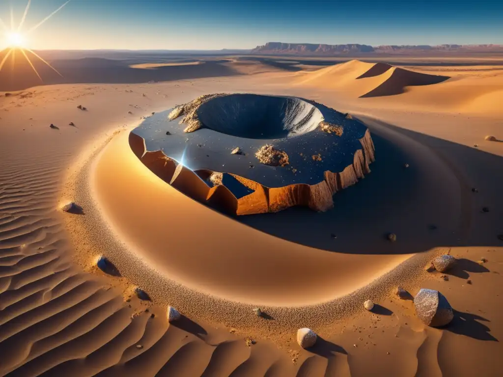 Exploración de asteroides como recursos: Meteorito de silicatos brillantes en desierto bajo cielo azul -