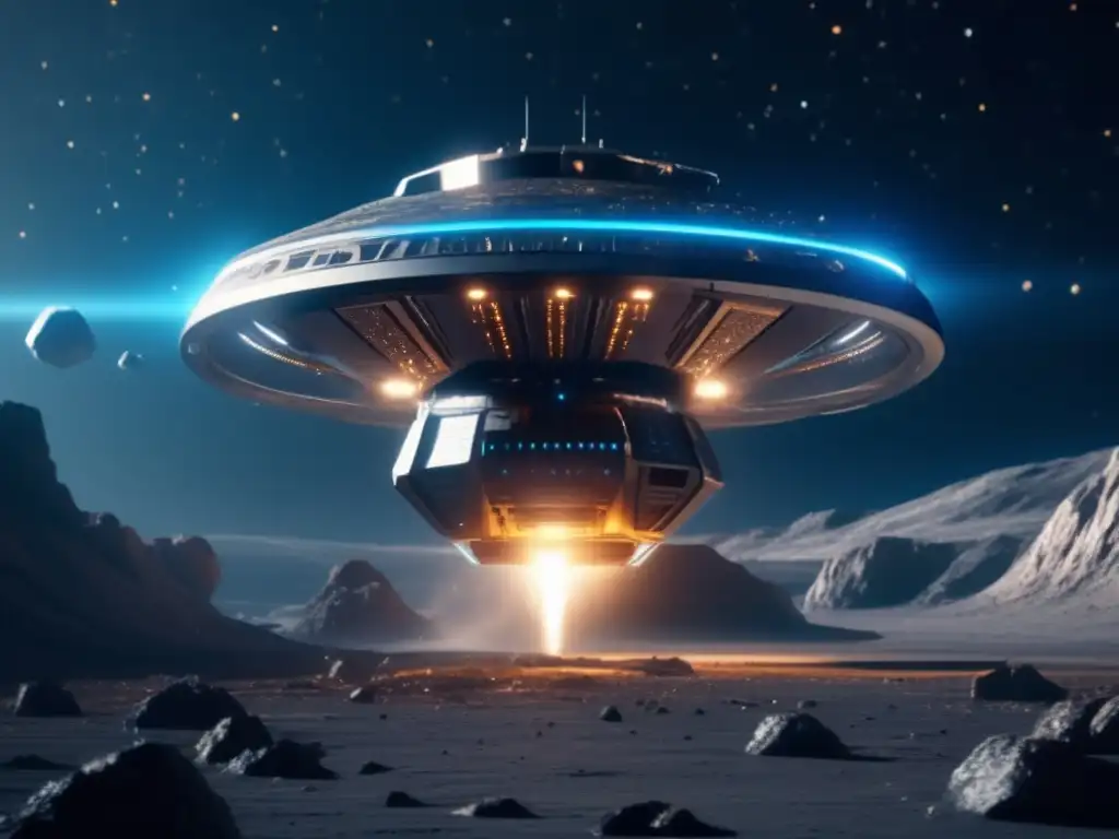 Futurista nave espacial extrae recursos en asteroide Exploración de asteroides como recursos: nave futurista en el espacio profundo sobre asteroide con minerales y metales preciosos