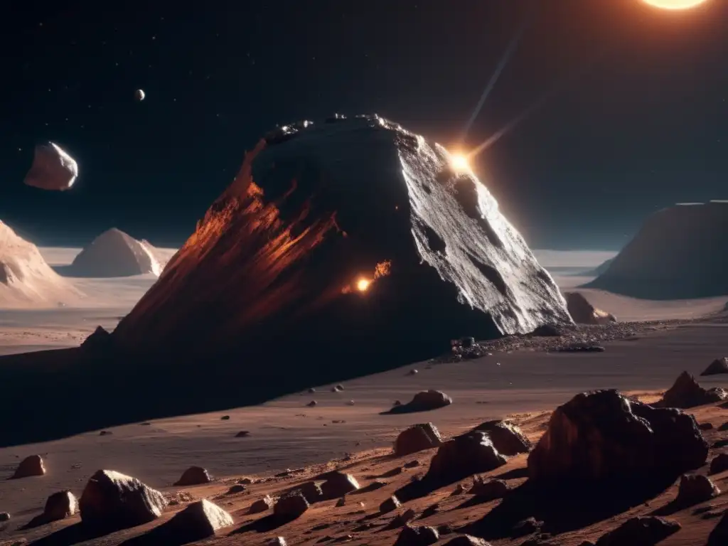 Exploración espacial en asteroide con tecnología avanzada Exploración de asteroides como recursos: Nave espacial en asteroide con tecnología avanzada y paisaje caótico