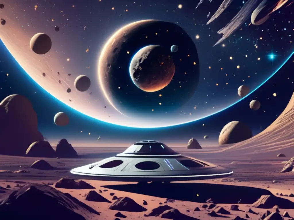 Exploración de asteroides en el espacio Exploración de asteroides y recursos: nave futurista, científicos recolectando valiosos recursos en el espacio