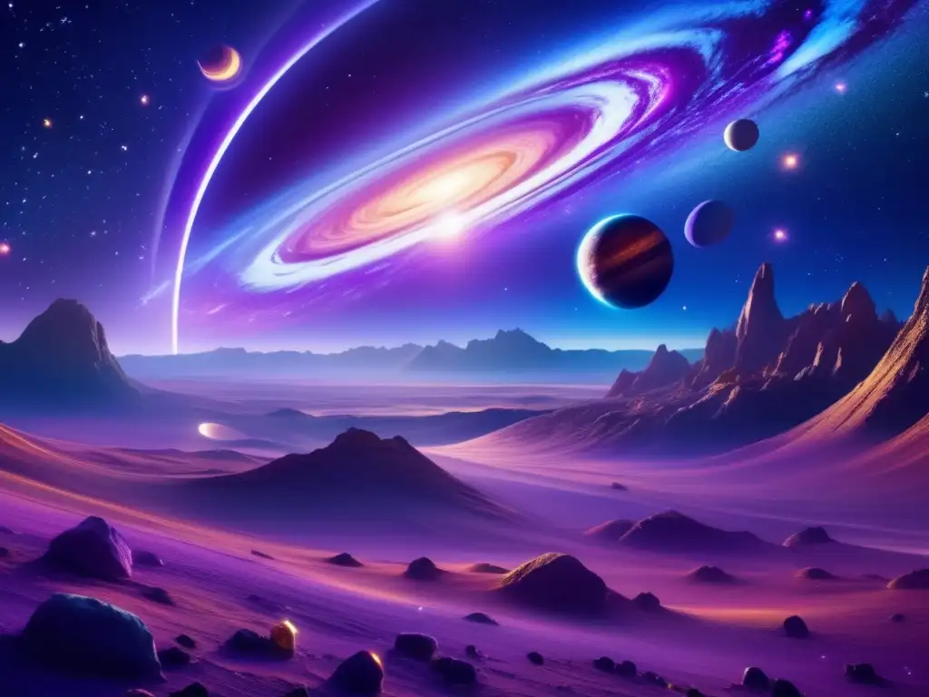 Espectacular paisaje galáctico Exploración de asteroides para recursos: paisaje celeste 8K con galaxia vibrante, asteroides detallados y colores cautivadores