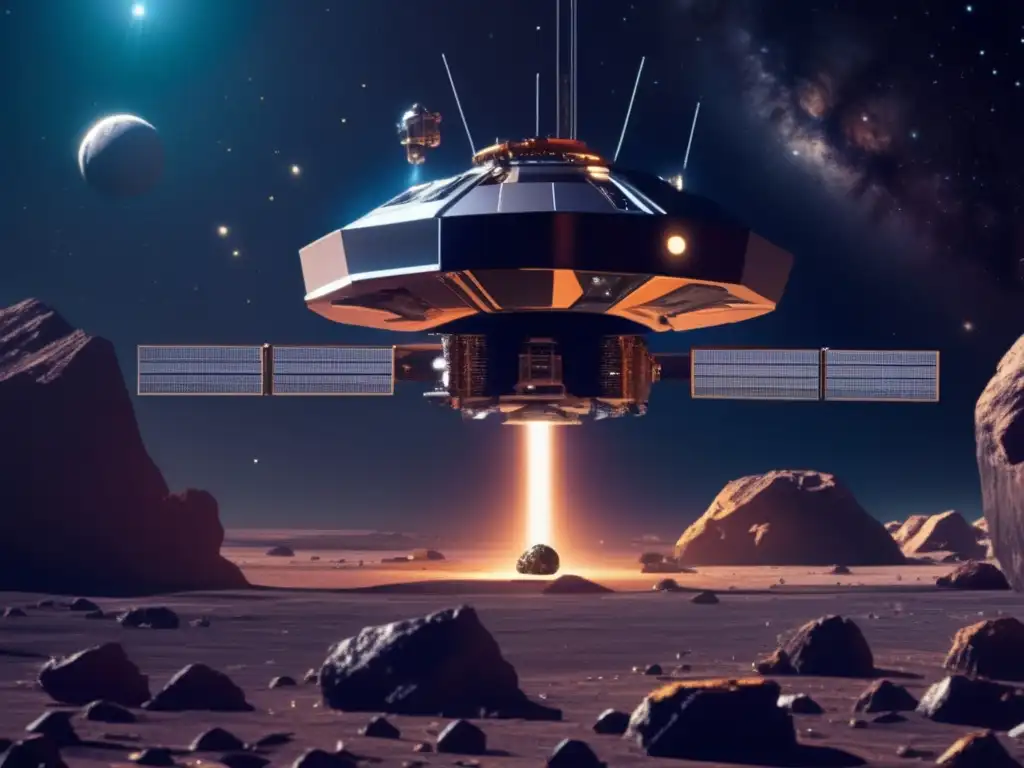 Sonda espacial futurista en asteroide minero Exploración de asteroides para recursos: sonda espacial futurista en operación minera en asteroide rico en minerales, con tecnología avanzada