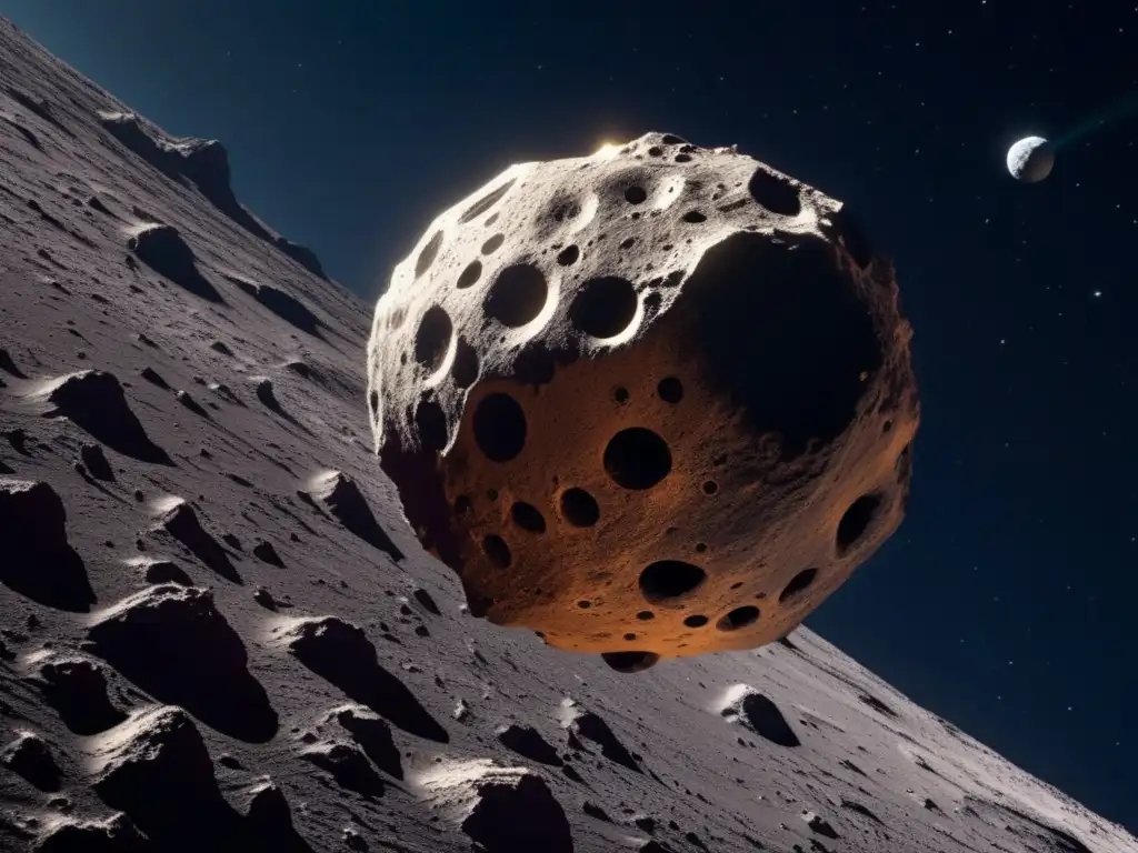 Sonda espacial futurista explorando asteroide Exploración de asteroides como recursos: Sonda futurista sobre asteroide, paisaje cósmico impresionante