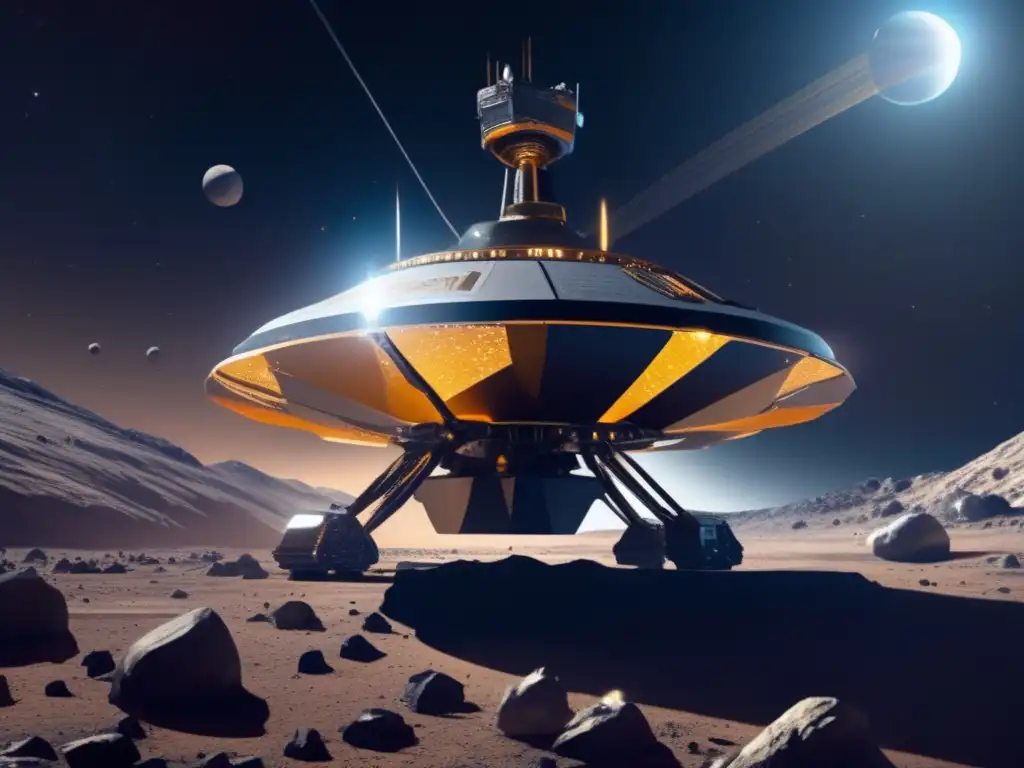 Sonda espacial en asteroide, extrayendo recursos Exploración de asteroides como recursos: sonda futurista extrae minerales preciosos en asteroide Centauro