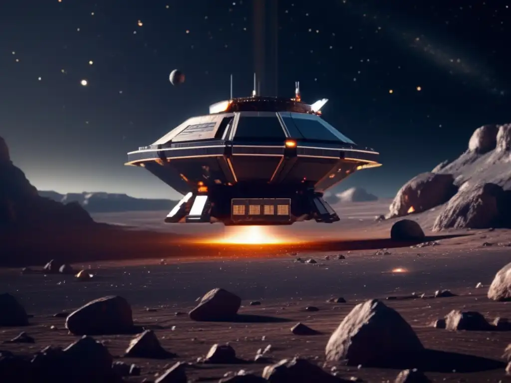 Exploración de asteroides para recursos: Sonda espacial ultradetallada en 8k sobre un asteroide masivo, con su superficie rugosa visible en detalle