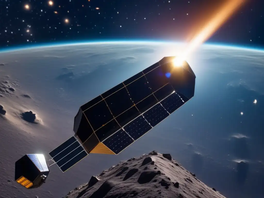 Misión espacial hacia asteroide con nave y asteroide Exploración de asteroides para recursos: Stardust en misión hacia Wild 2 en el espacio, con tecnología avanzada y un paisaje misterioso