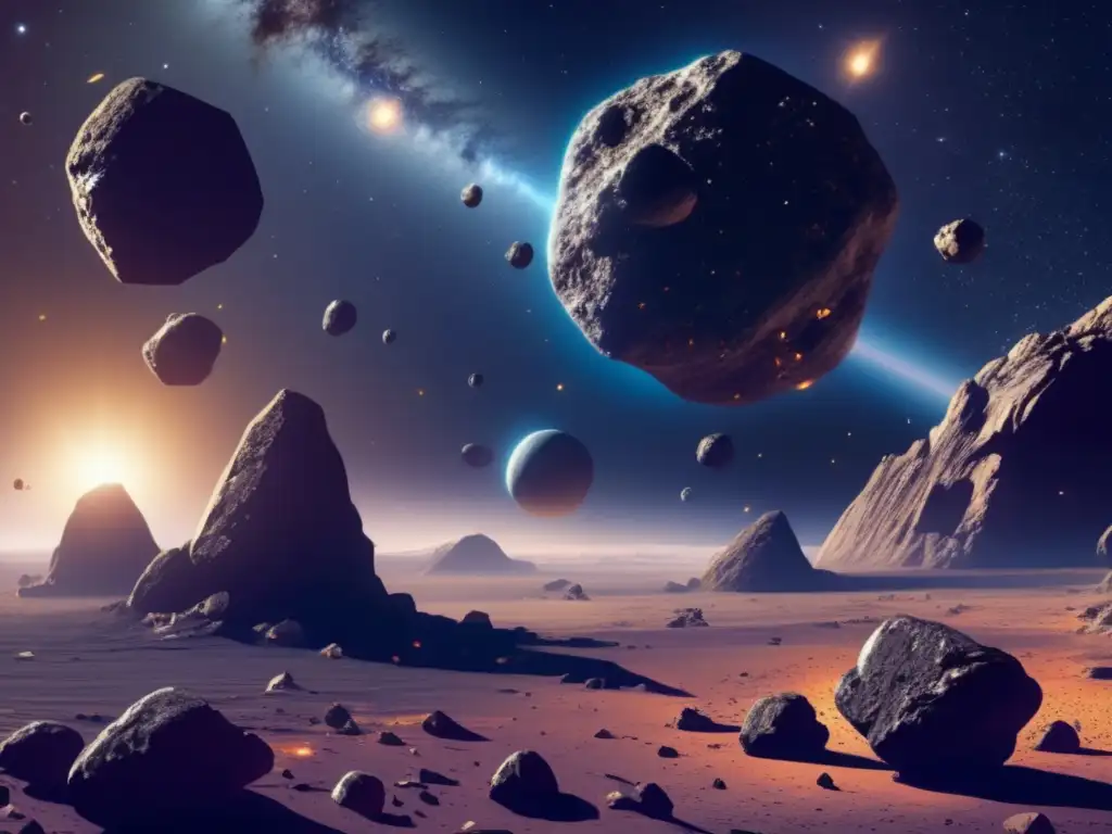 Asteroid cluster in space, vibrant colors and futuristic space station Exploración de asteroides para regeneración: vista detallada del espacio con asteroide y estación espacial