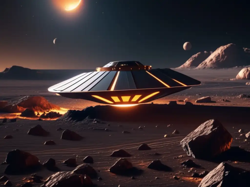 Exploración espacial: nave futurista en asteroide Exploración de asteroides rentable en imagen de nave espacial y asteroide