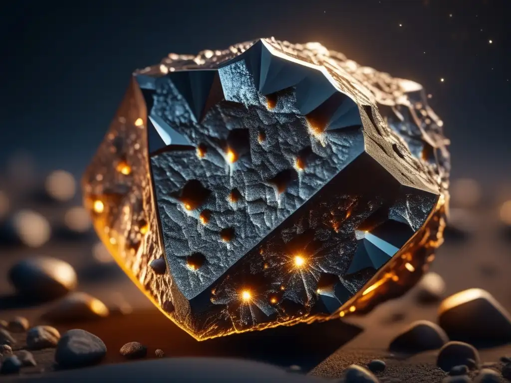 Meteorito 8K: Composición y estructura Exploración de asteroides: Secretos cósmicos revelados - Meteorito 8K iluminado en fondo oscuro, mostrando su composición y estructura intricada
