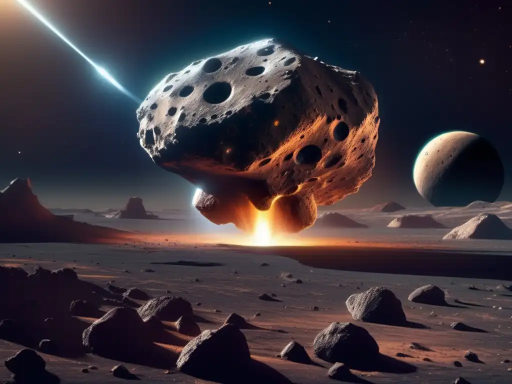 Asteroide masivo en el espacio con nave espacial Exploración de asteroides: Secretos cósmicos revelados