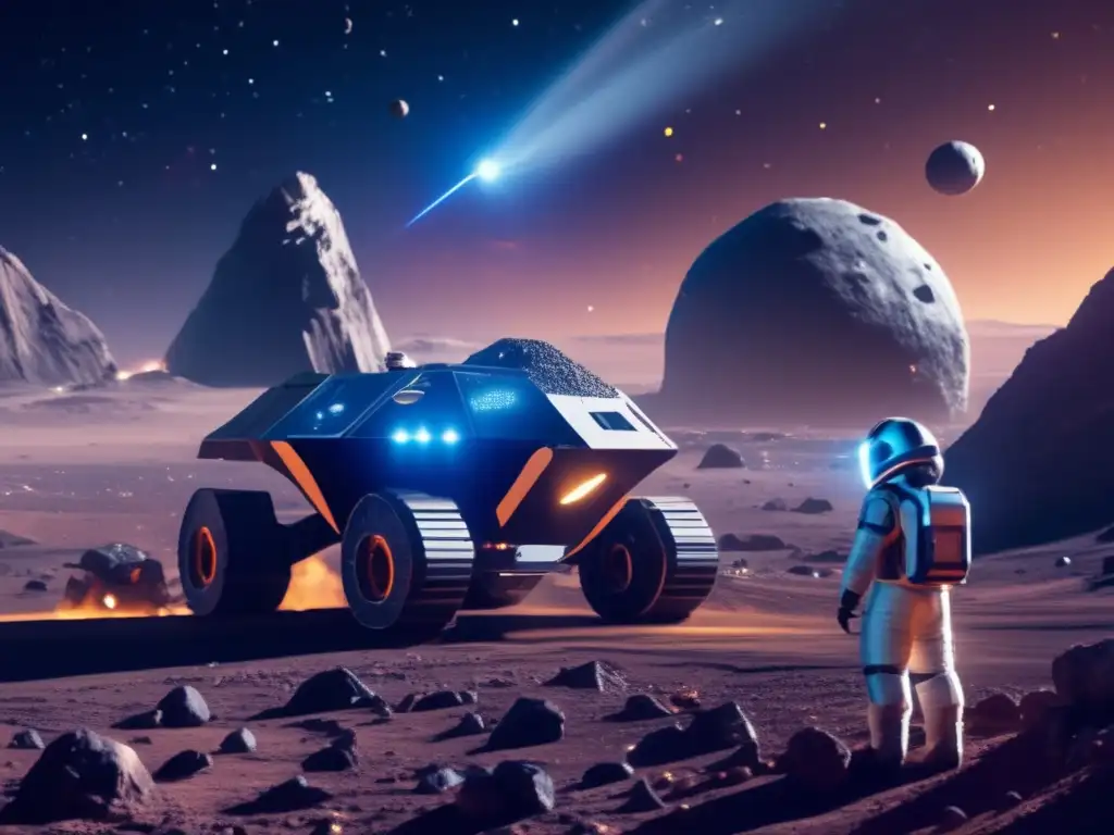 Equipo de astrónomos mineros en asteroide futurista Exploración de asteroides: Secretos cósmicos revelados en una operación minera futurista