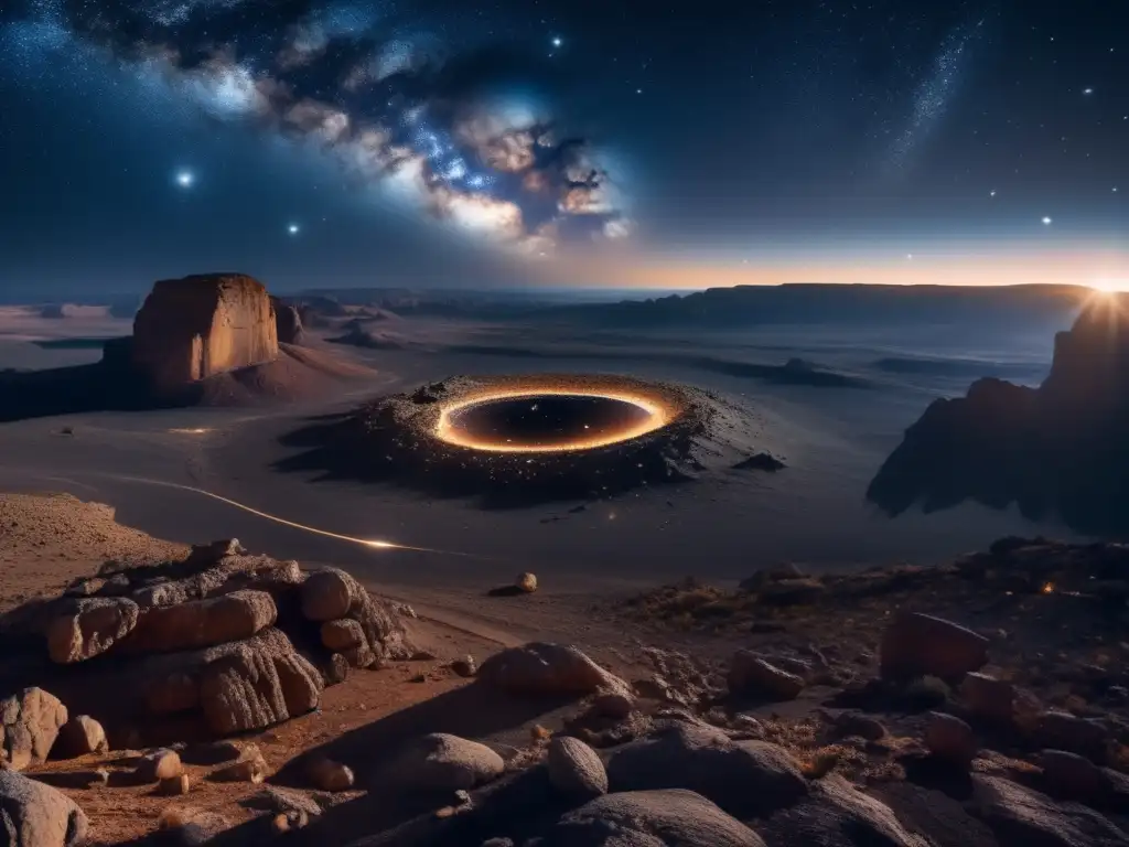 Maravillosa imagen nocturna de asteroides Exploración de asteroides revela secretos: Imagen asombrosa de cielo nocturno estrellado con paisaje lunar y telescopios modernos