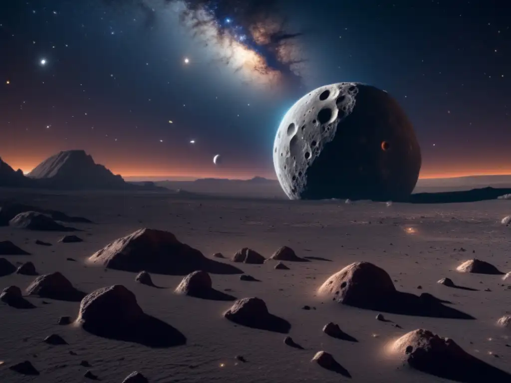Impresionante imagen de un asteroide con cráteres y ridges Exploración de asteroides revela secretos en imagen 8k de espacio oscuro con estrellas y un asteroide rugoso e irregular