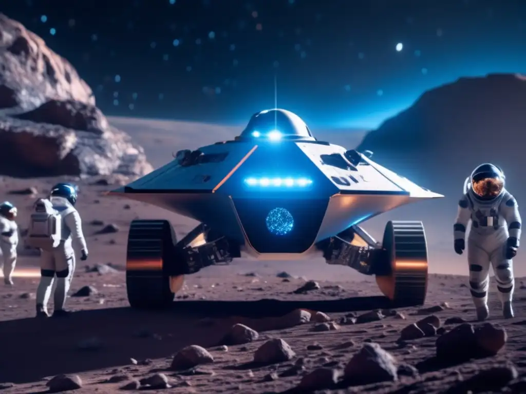Exploración de asteroides: Sonda futurista sobre asteroide desolado, científicos toman muestras (110 caracteres)