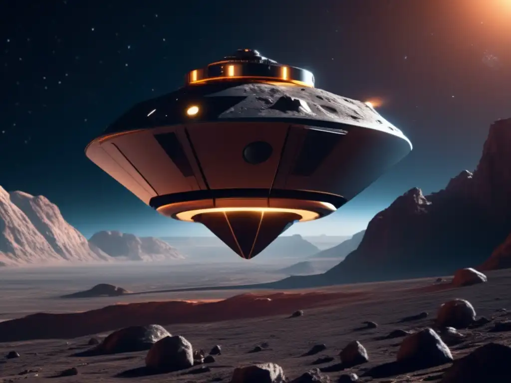 Exploración de asteroides: sonda futurista en superficie rocosa, cráteres, tecnología avanzada y marco legal
