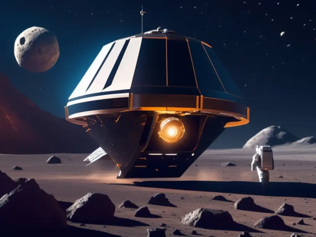 Sonda espacial explorando asteroide Exploración de asteroides con tecnología avanzada: Valorización de recursos espaciales con IA
