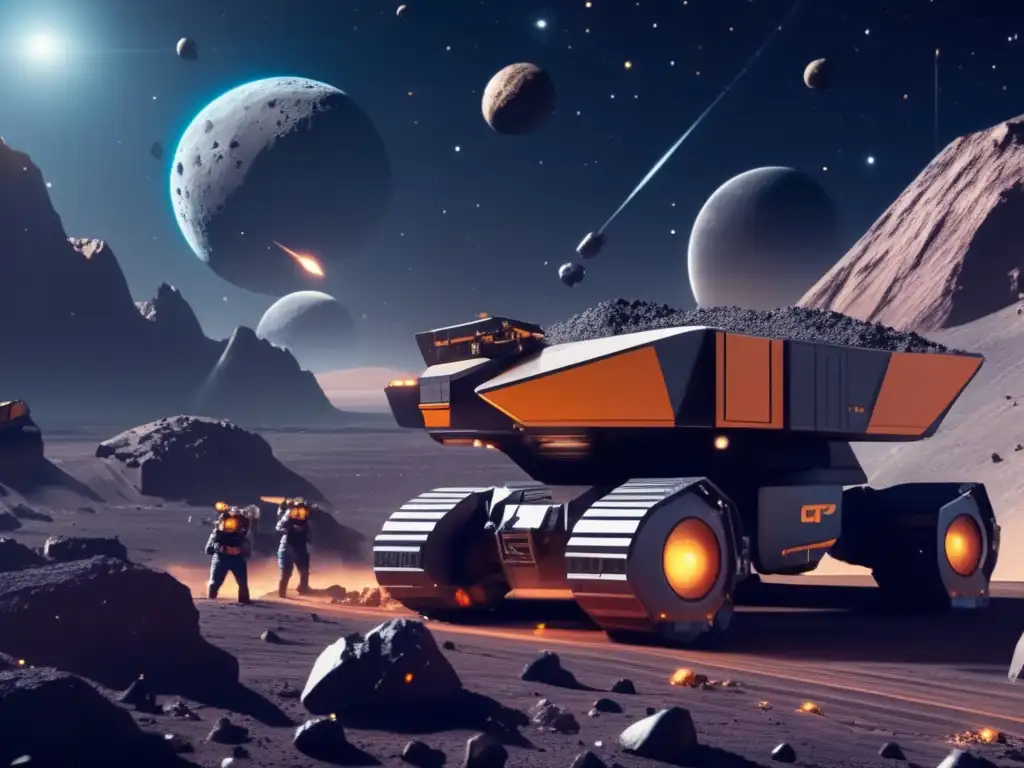 Exploración de asteroides tipo C en operación minera espacial futurista con tecnología avanzada