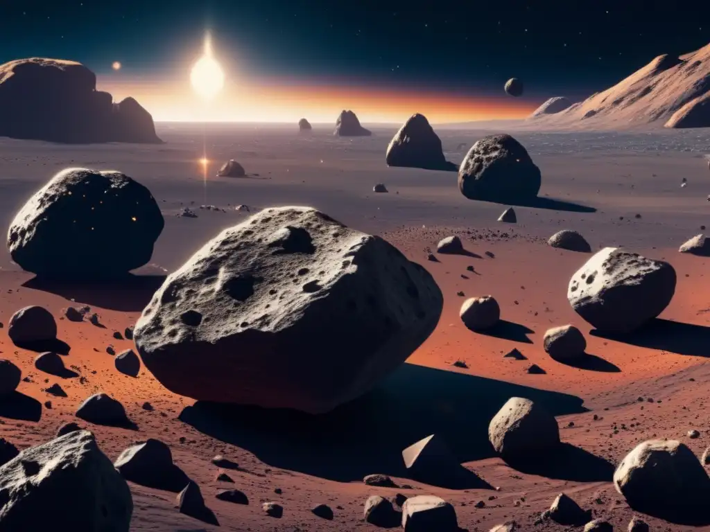 Asteroides en el espacio Exploración de asteroides en el universo: Imagen impactante muestra vastedad del espacio, asteroides de diversas formas, tamaños y texturas, con fondo cósmico vibrante