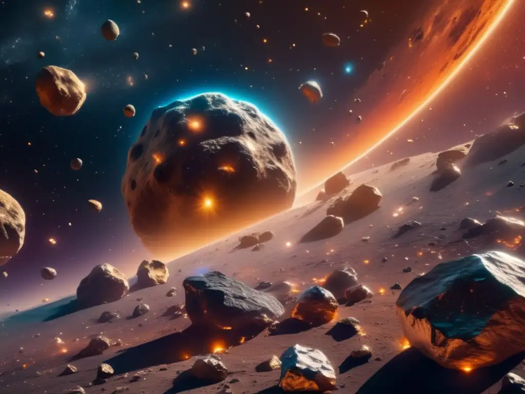 Exploración de asteroides: Minerales y metales en el espacio Exploración de asteroides en el universo: impresionante imagen 8k muestra asteroides metálicos flotando en vibrante nebulosa