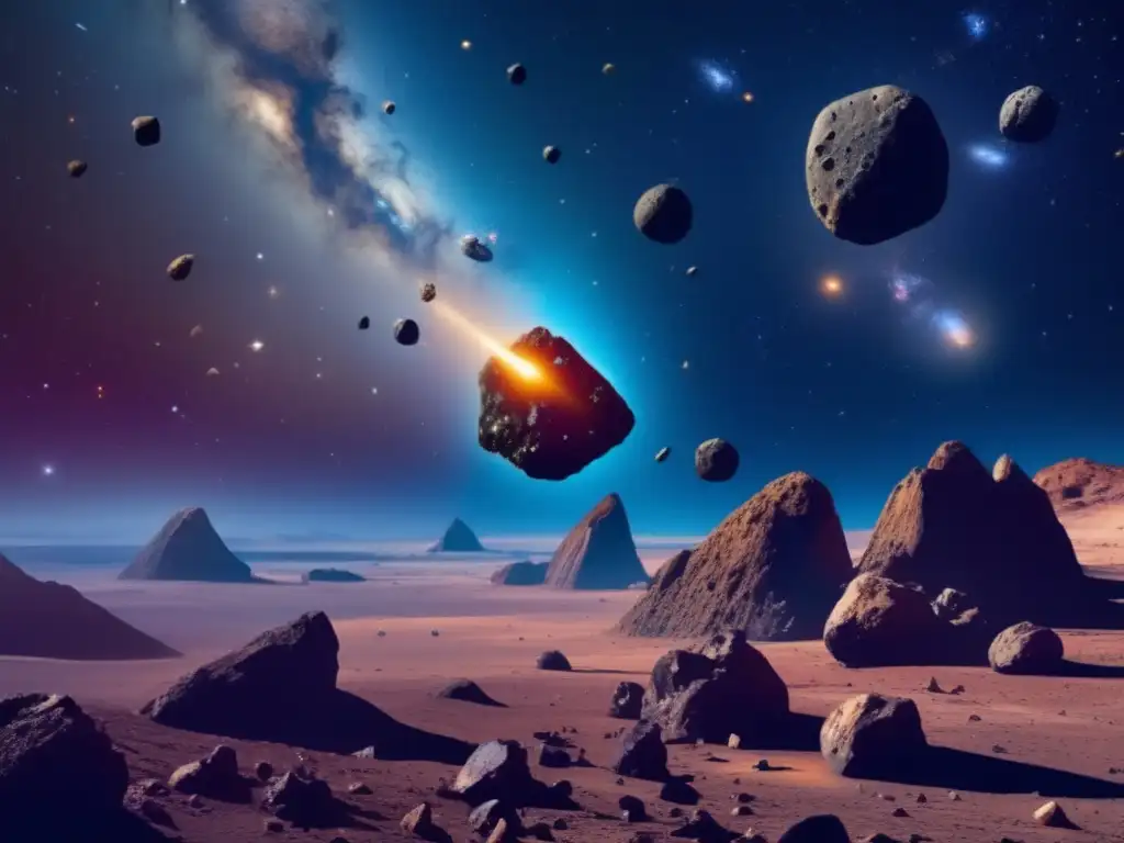Asteroides en el espacio Exploración de asteroides: vasto espacio con asteroides de formas y tamaños únicos, revelando colores vibrantes y detalles impactantes