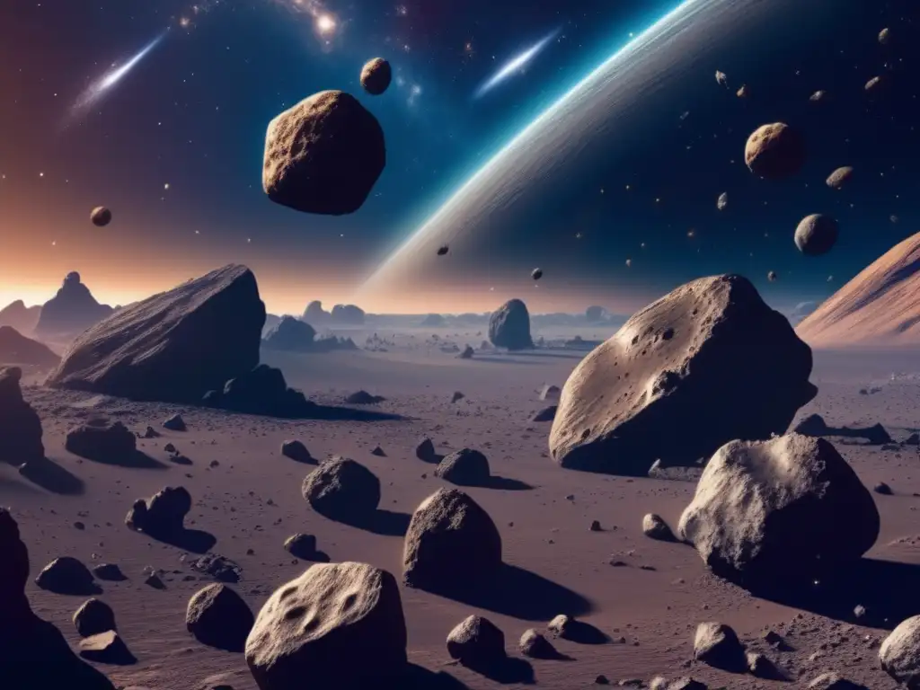 Espacio estelar con asteroides y nave minera Exploración de asteroides: vasto espacio con asteroides, nave espacial minera y estrellas distantes