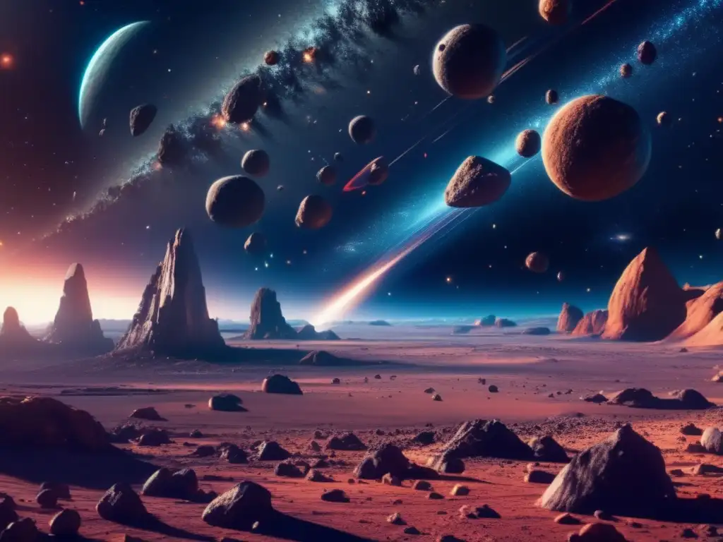 Impresionante paisaje espacial con asteroides brillantes y nave futurista Exploración de asteroides: vasto paisaje celeste con asteroides brillantes y nave espacial futurista
