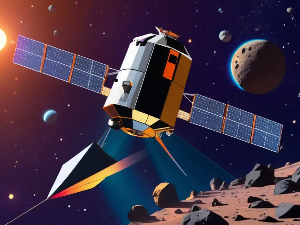 Exploración de asteroides con velas solares en imagen detallada del NEA Scout flotando en el espacio, rodeado de campo de asteroides