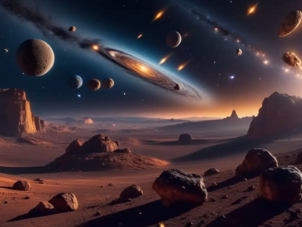 Belleza y misterio de los asteroides troyanos Exploración de asteroides para viajes espaciales: Imagen impactante en 8k muestra la vastedad del espacio, con una galaxia giratoria al fondo