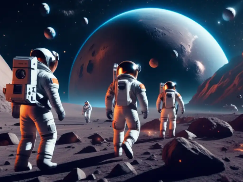 Astronautas flotando cerca de un asteroide Exploración de asteroides en videojuegos: Astronautas flotando cerca de un asteroide masivo en el espacio