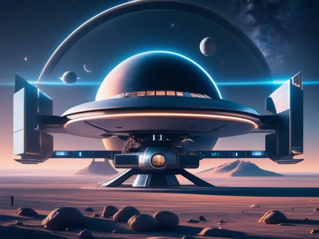 Estación espacial futurista en el cosmos Exploración de asteroides en videojuegos: Estación espacial futurista, astronautas y asteroide imponente