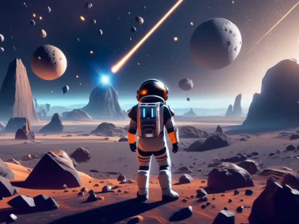 Futurístico escenario de videojuego Exploración de asteroides en videojuegos: Visión futurista de un escenario cósmico con asteroide gigante y campos de distintas formas y tonos