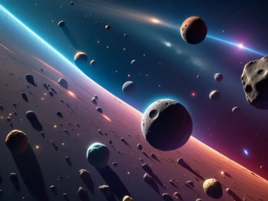 Vastedad del cinturón de asteroides en 8k Exploración del cinturón de asteroides en el espacio: asteroides, colores vibrantes, texturas rugosas, galaxias distantes