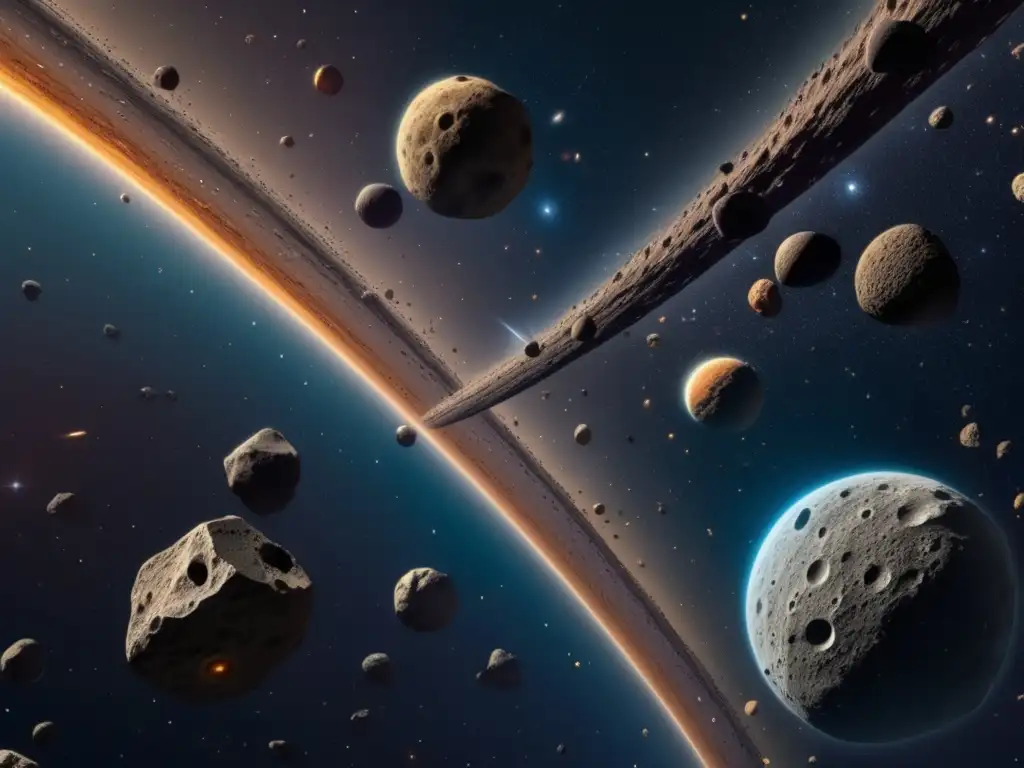 Asteroide belt: Vasto paisaje espacial con asteroides Exploración del cinturón de asteroides: Imagen 8k detallada del espacio lleno de asteroides en distintos tamaños y formas