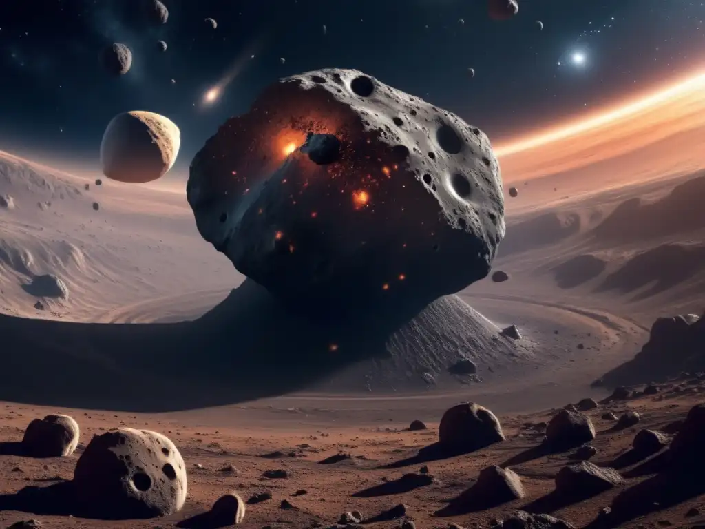 Majestuoso asteroide y la vastedad del espacio Exploración del cinturón de asteroides: Imagen impresionante del vasto espacio, con asteroides, polvo cósmico y una nave espacial