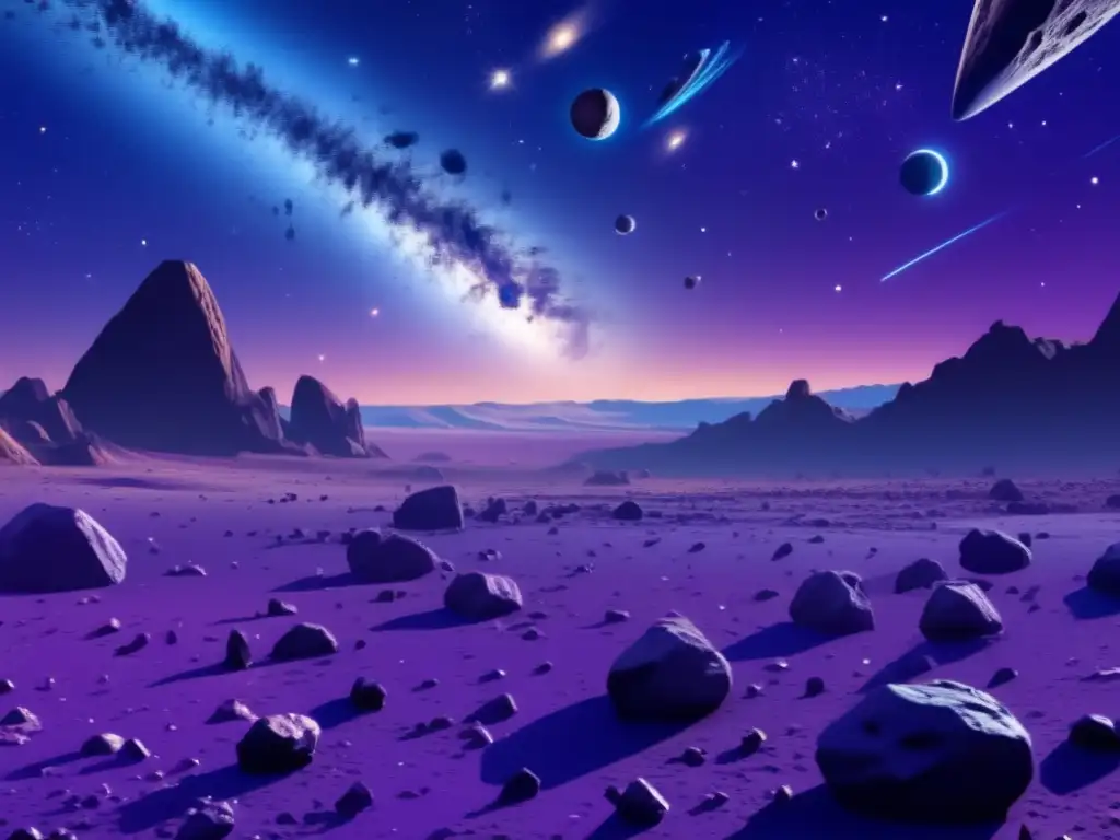 Exquisita imagen de cinturón de asteroides con minero espacial Exploración del cinturón de asteroides: imagen detallada de vasto espacio con asteroides, gradientes de colores y nave minera futurista