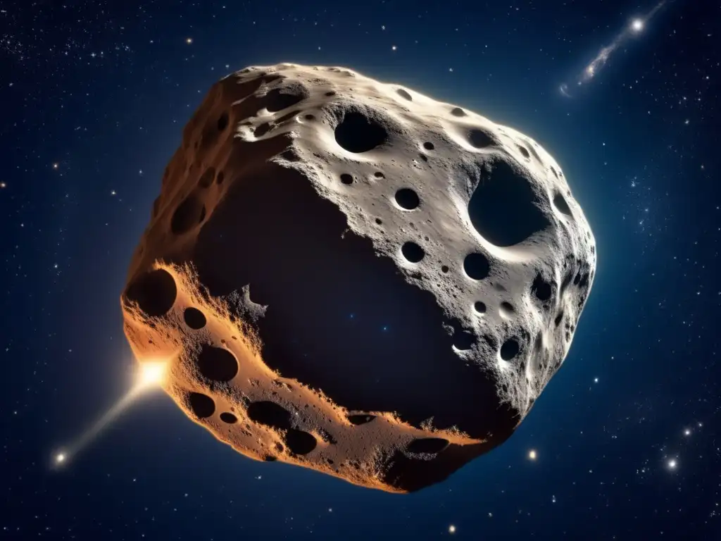 Impresionante asteroide en el espacio Exploración del cinturón de asteroides: Imagen impactante de un asteroide masivo en el espacio, con superficie irregular y bañado por estrellas distantes