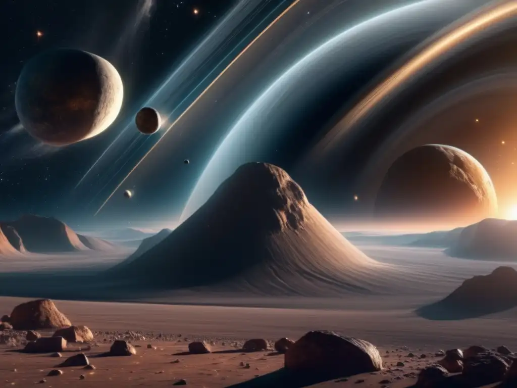 Exploración del cinturón de asteroides: Momento asombroso en 8k que muestra colisiones y convergencias de fragmentos de roca y hielo en el espacio