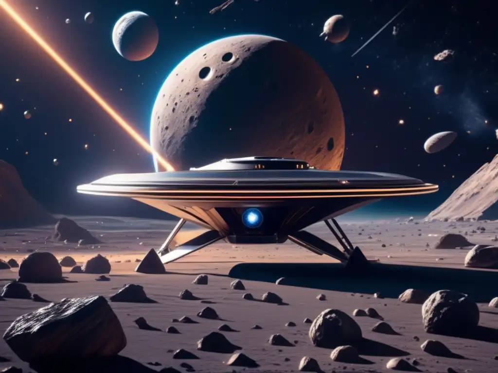 Exploración del cinturón de asteroides: nave espacial flotando entre asteroides