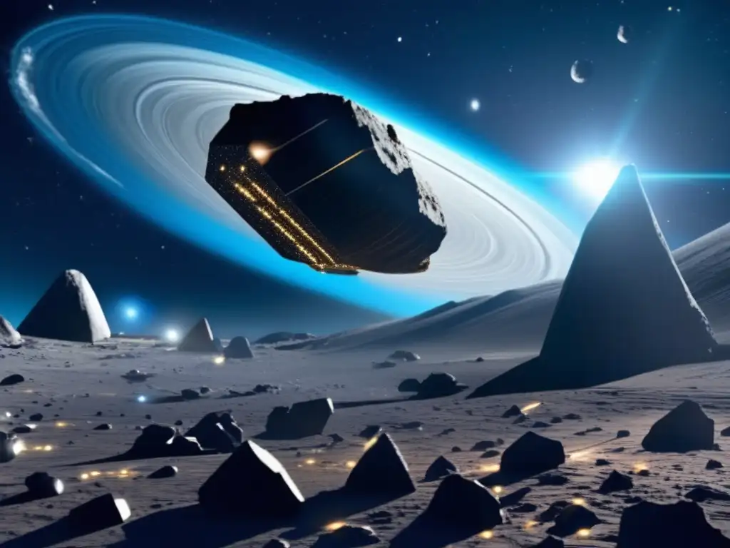 Nave futurista surcando asteroides Exploración del cinturón de asteroides: Nave espacial futurista en un entorno peligroso de asteroides