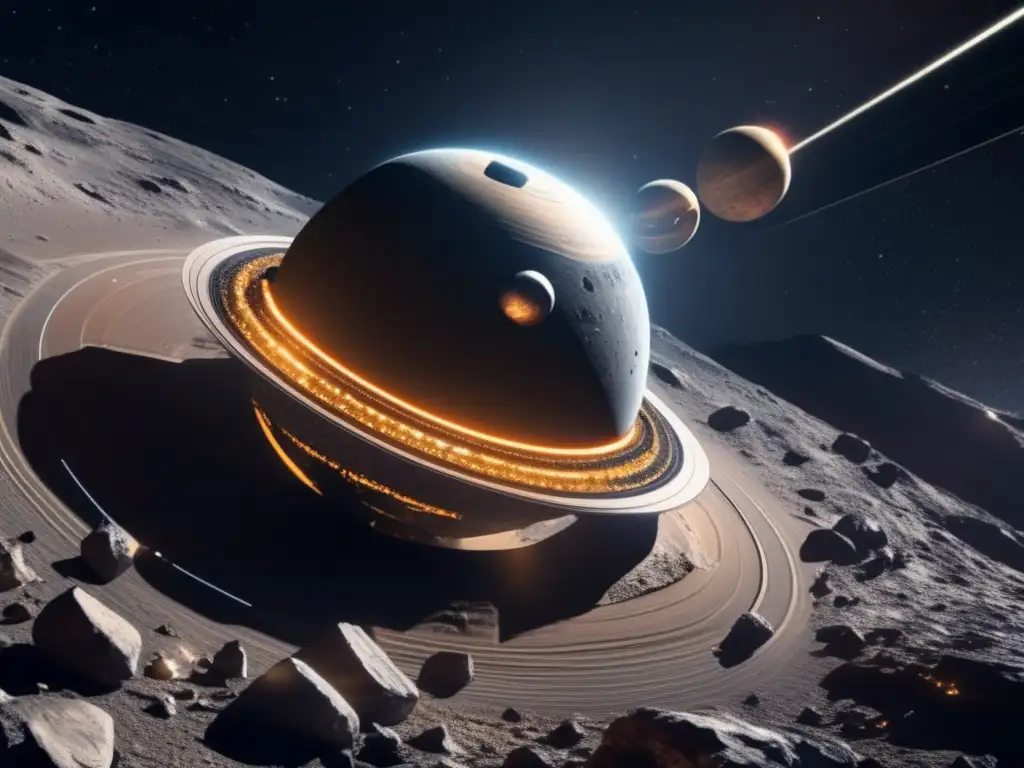 Exploración fascinante de asteroides Exploración del cinturón de asteroides: Sonda espacial futurista en un paisaje celestial