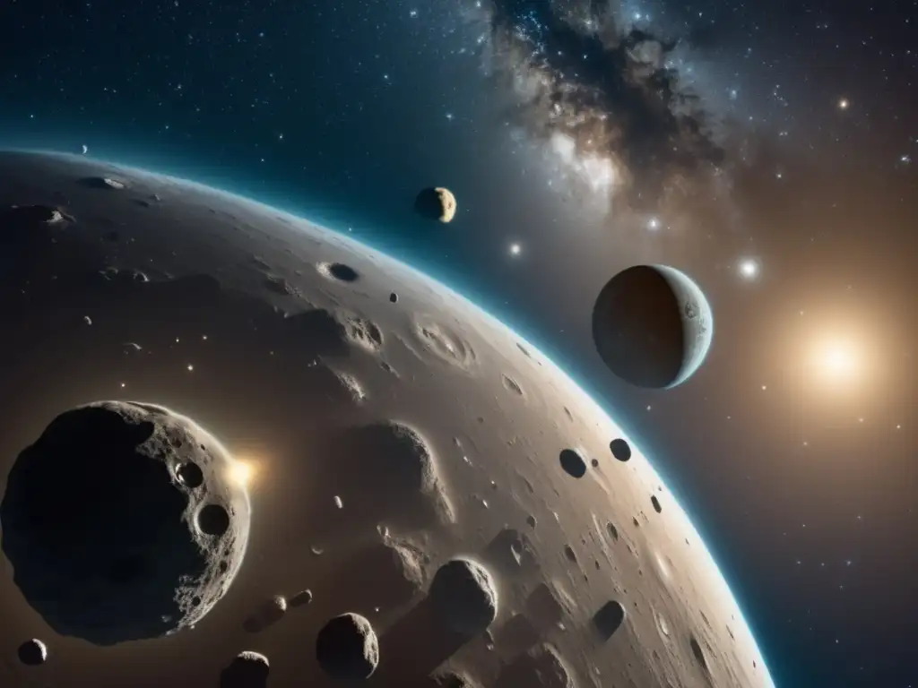 El misterio del cinturón de asteroides Exploración del cinturón de asteroides: vasta y misteriosa imagen de asteroides, cuerpos rocosos y nave futurista