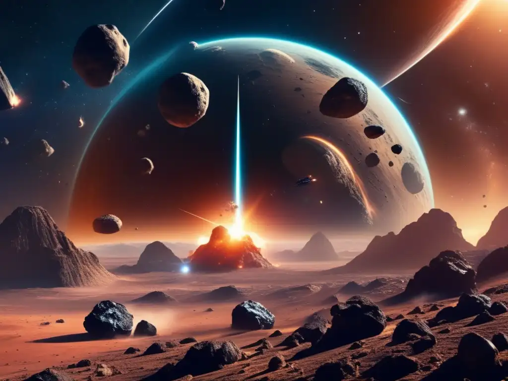 Exploración comercial de asteroides: Imagen cinematográfica impresionante del espacio con asteroides suspendidos ante una nebulosa en movimiento