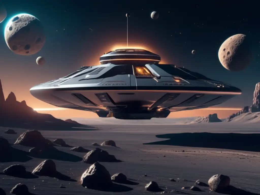 Nave espacial futurista en asteroide Exploración efectiva de asteroides: estrategias y recursos con nave futurista en 8k
