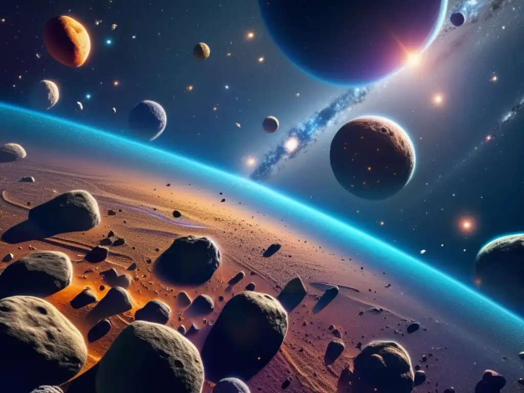 Exuberante paisaje de asteroides en el espacio Exploración efectiva de asteroides: vasto espacio con asteroides de colores vivos y texturas únicas, junto a una nave espacial moderna