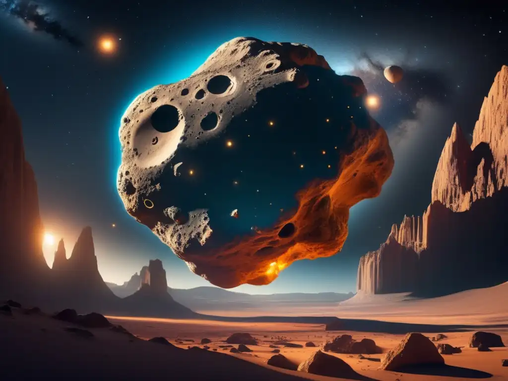 Asombrosa arquitectura futurista en asteroide Exploración espacial con asteroides: asombrosa imagen de un asteroide hueco flotando en el espacio, iluminado por una misteriosa luz y con arquitectura futurista
