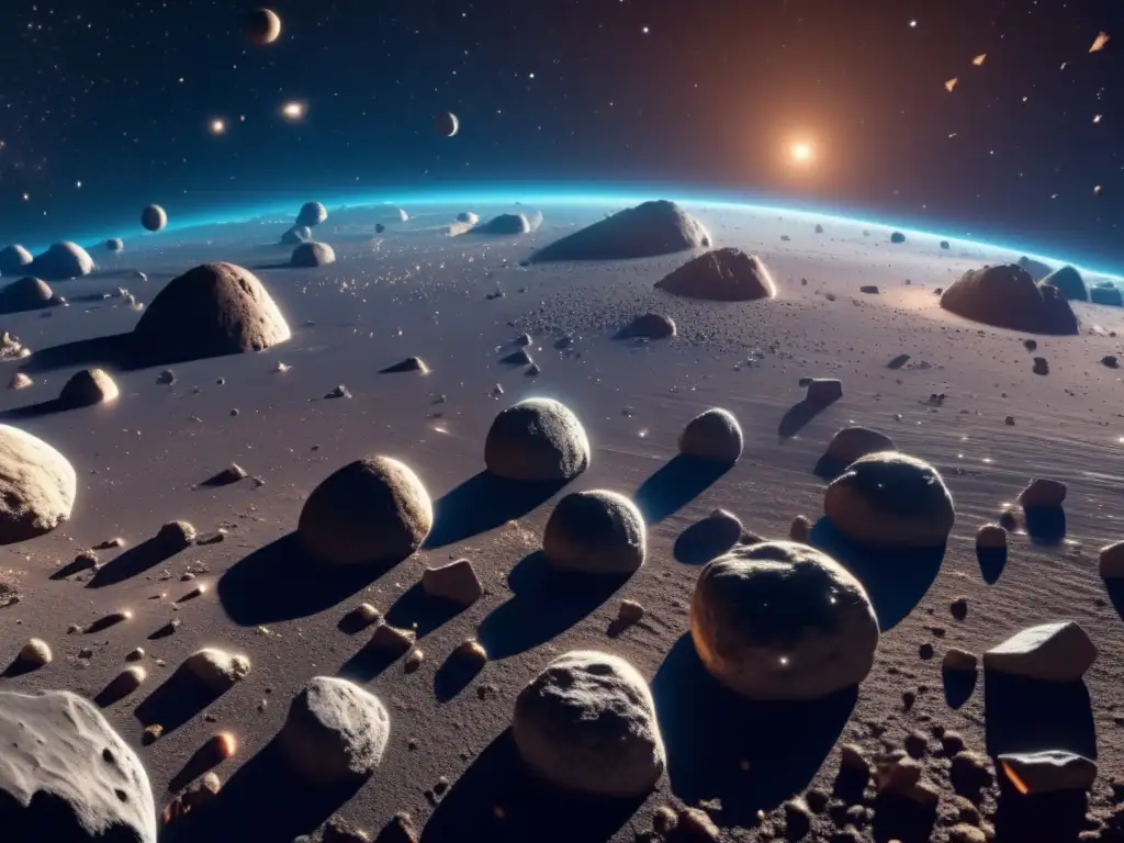 Asteroid belt: Inmensa belleza y misterio Exploración espacial con asteroides: Cautivante imagen 8k de un vasto cinturón de asteroides, con detalles ultradetallados y una ambientación etérea