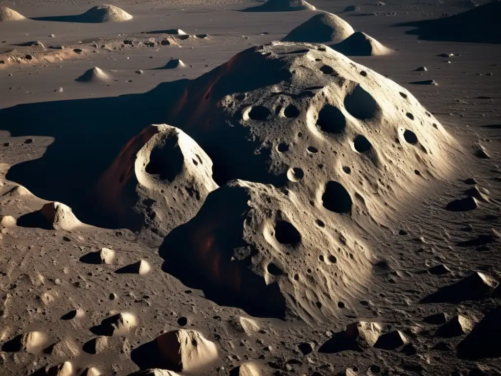 Asteroide rugoso y fascinante Exploración espacial con asteroides: Detalle impresionante de la superficie de un asteroide, con textura rocosa y formaciones geológicas únicas
