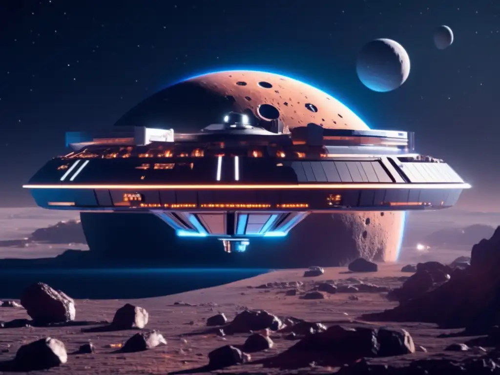 Estación espacial futurista en asteroide Exploración espacial con asteroides: Estación espacial futurista en un asteroide, astronautas en trajes espaciales, vista estelar y galáctica