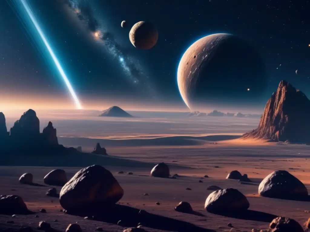 Exploración espacial y asteroides en imagen futurista